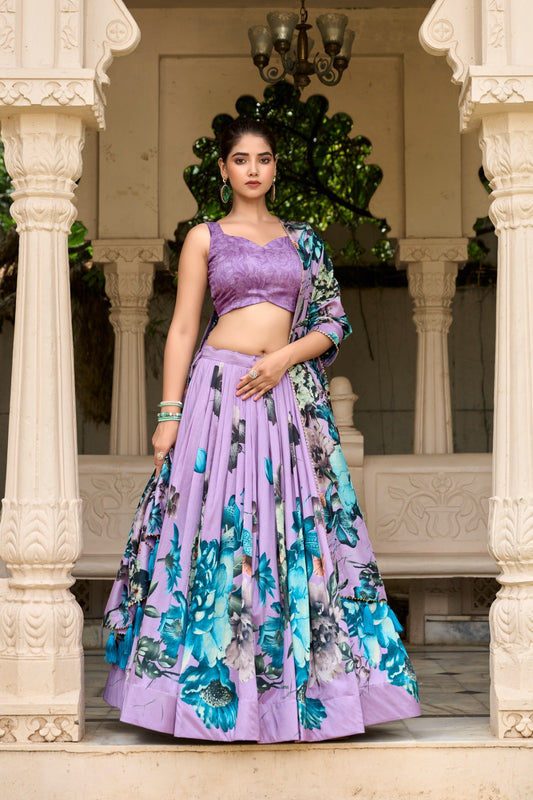 Tasar Silk Lehenga with Floral Print and Lace Touch-Up