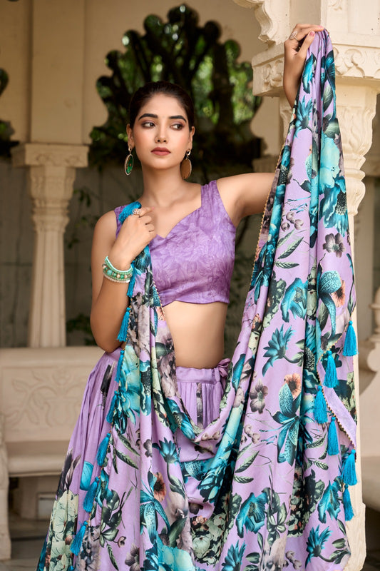 Tasar Silk Lehenga with Floral Print and Lace Touch-Up