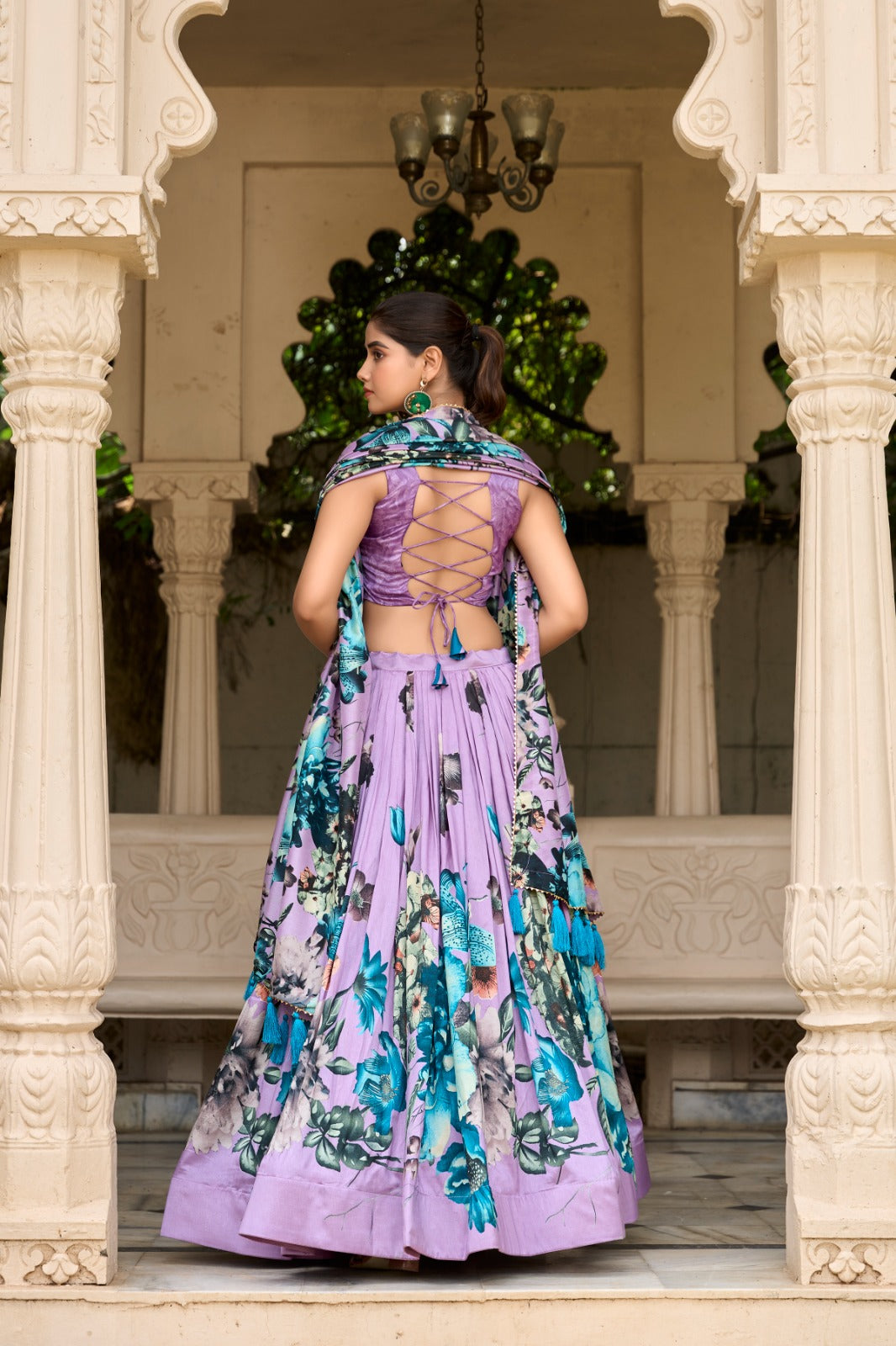 Tasar Silk Lehenga with Floral Print and Lace Touch-Up
