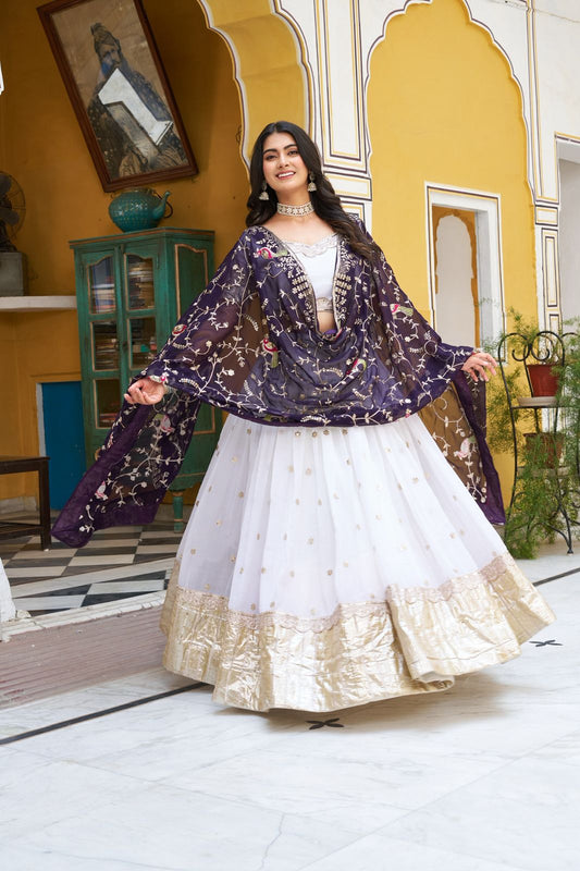 Pure Crunchi fabric with Cording Sequins Embroidered  Lehenga