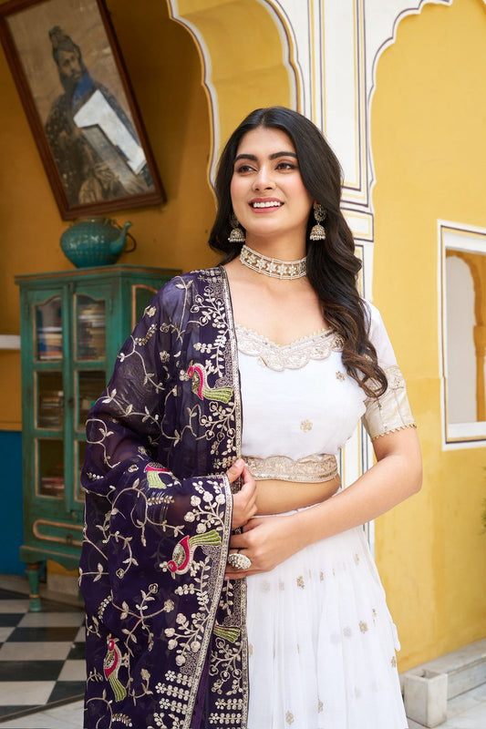 Pure Crunchi fabric with Cording Sequins Embroidered  Lehenga