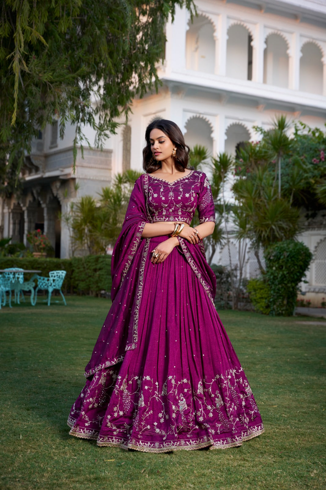 Vichitra Silk with Sequins and Thread Embroidered Lehenga