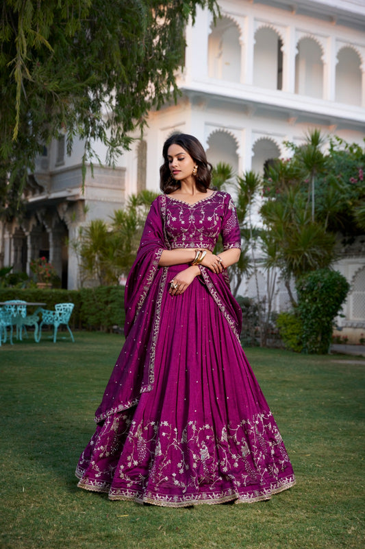 Vichitra Silk with Sequins and Thread Embroidered Lehenga
