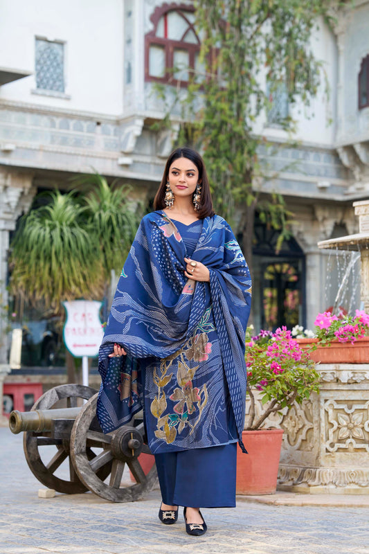 Beads Work Floral Printed Roman Silk Salwar Kameez & Dupatta (Blue)