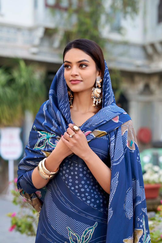 Beads Work Floral Printed Roman Silk Salwar Kameez & Dupatta (Blue)