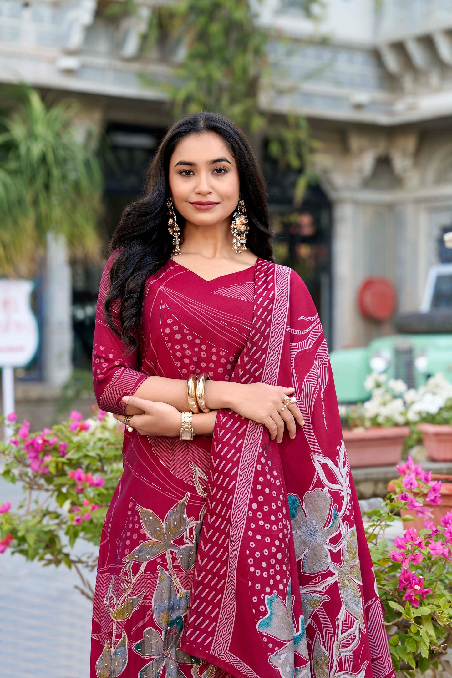 Beads Work Floral Printed Roman Silk Salwar Kameez & Dupatta (Maroon)