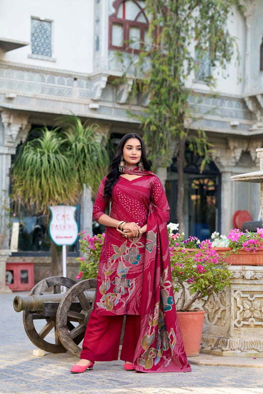 Beads Work Floral Printed Roman Silk Salwar Kameez & Dupatta (Maroon)
