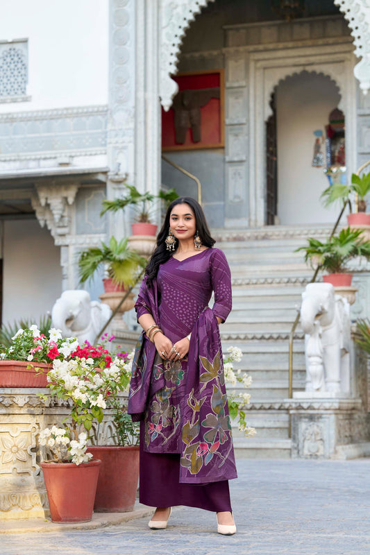 Beads Work Floral Printed Roman Silk Salwar Kameez & Dupatta (Wine)