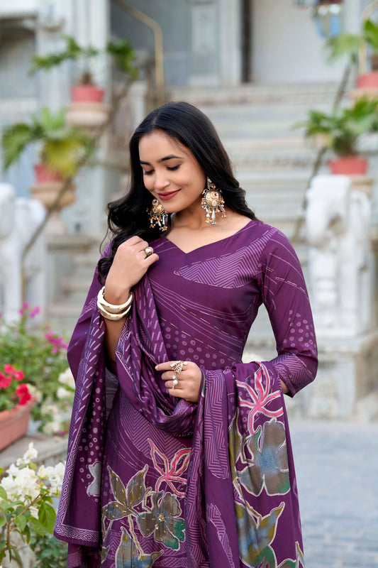 Beads Work Floral Printed Roman Silk Salwar Kameez & Dupatta (Wine)