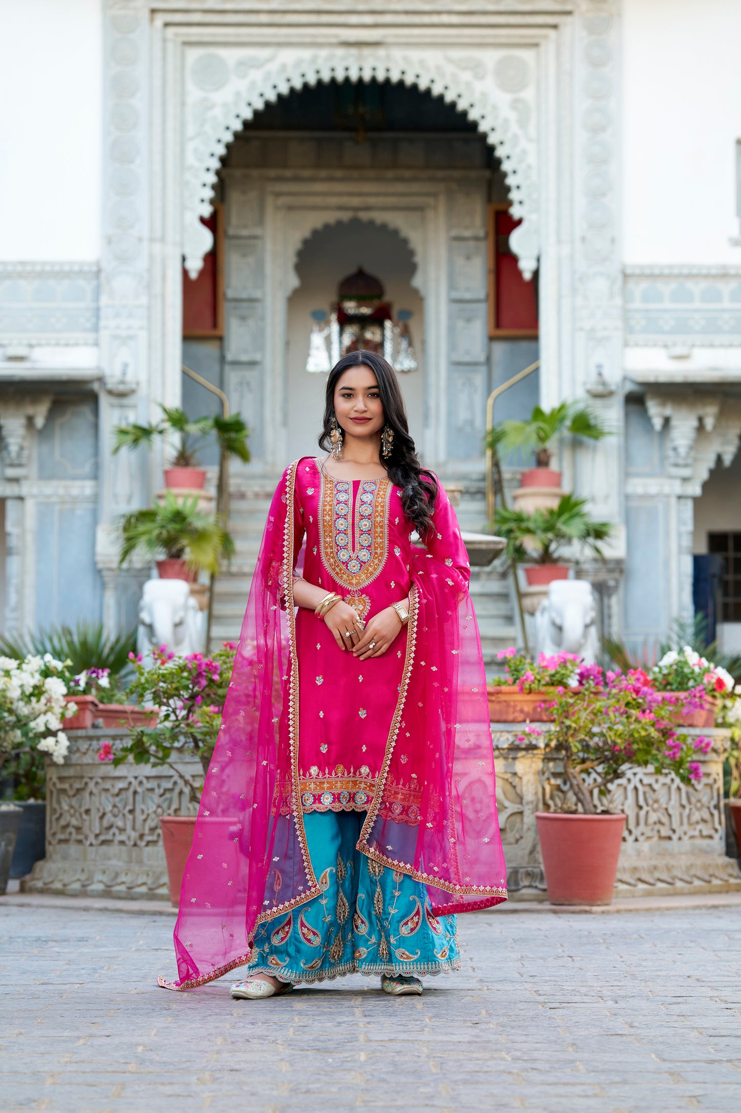 Printed Sequins Embroidered Work Moonga Silk Top, Palazzo & Dupatta