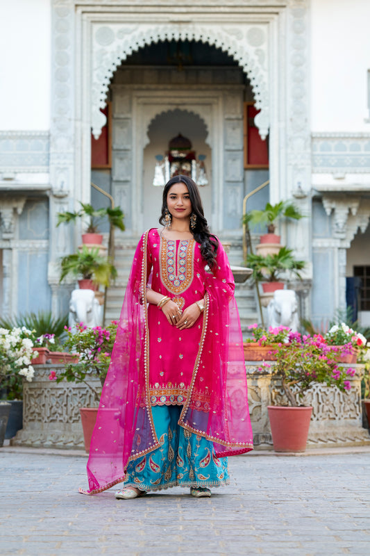 Printed Sequins Embroidered Work Moonga Silk Top, Palazzo & Dupatta