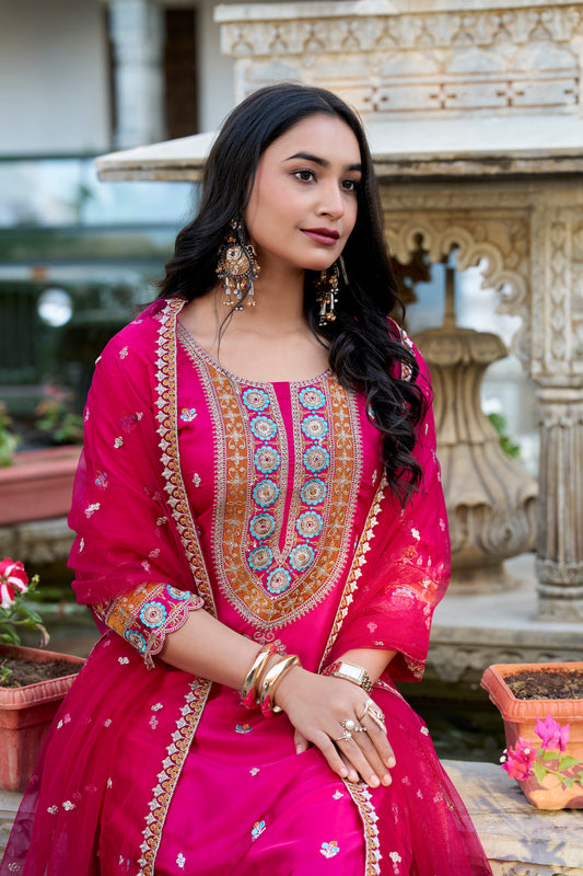Printed Sequins Embroidered Work Moonga Silk Top, Palazzo & Dupatta