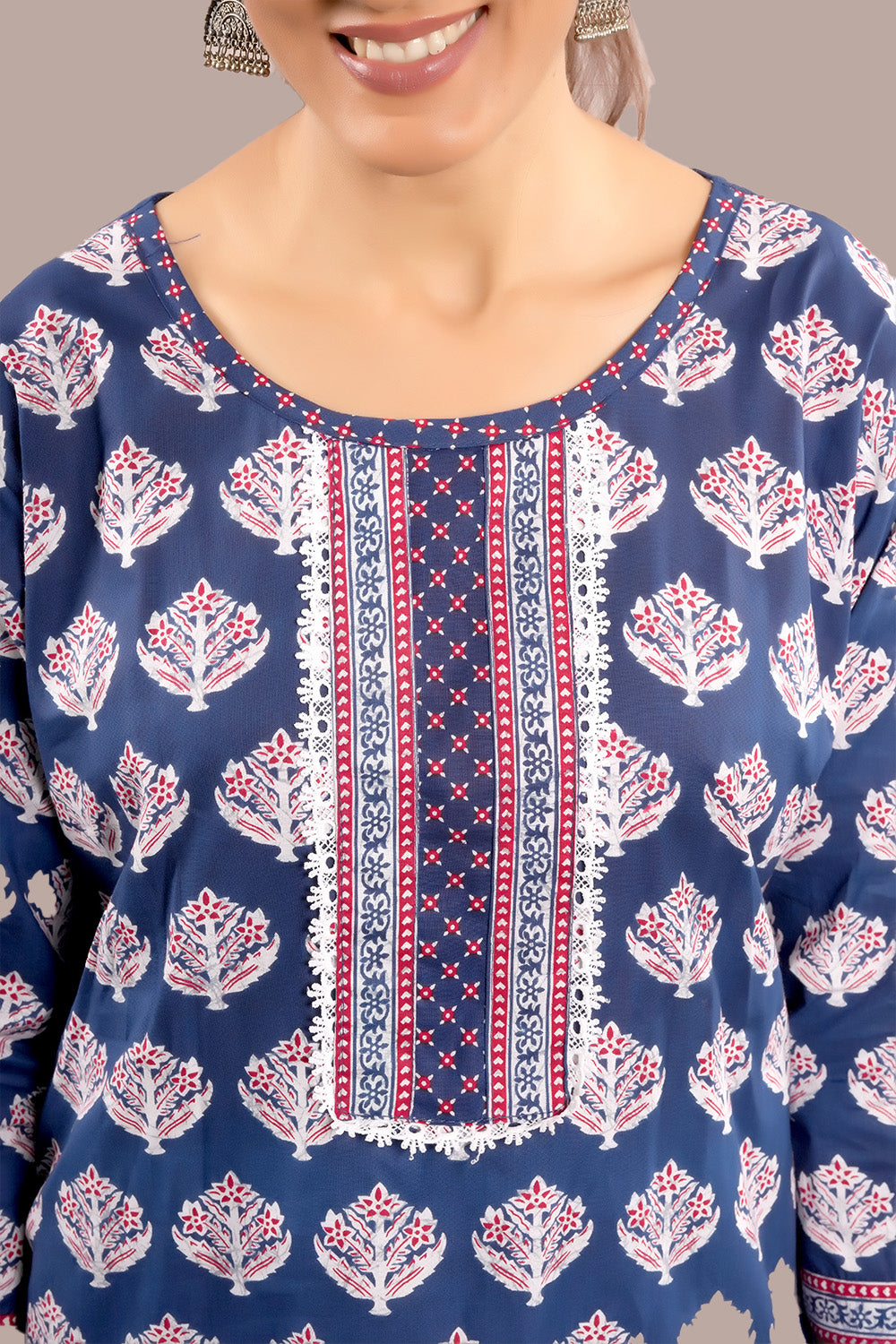 Lace Work Floral Block Printed Salwar Kameez & Dupatta