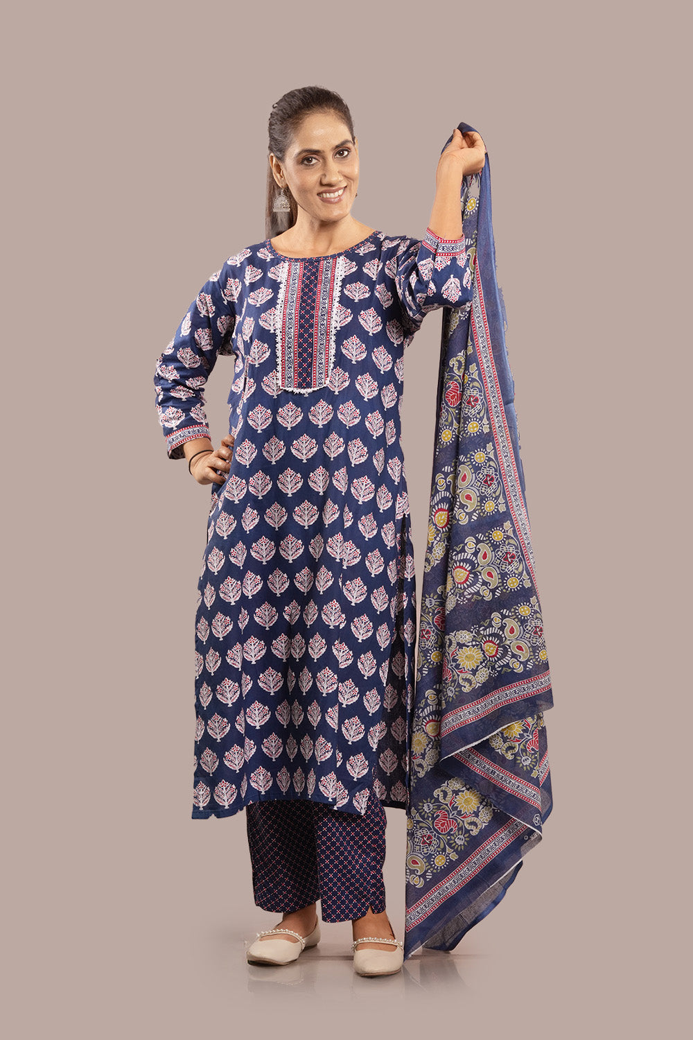 Lace Work Floral Block Printed Salwar Kameez & Dupatta