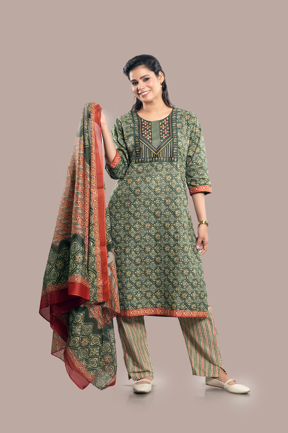 Combination of Phulkari & Kanha Embroidered Salwar Kameez & Dupatta