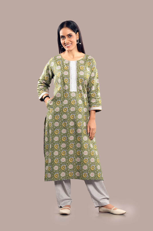 Lace Work Geometrical Floral Printed Salwar Kameez & Dupatta