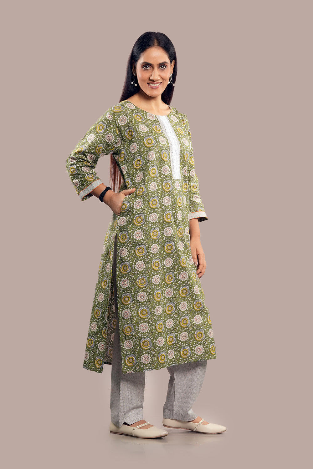 Lace Work Geometrical Floral Printed Salwar Kameez & Dupatta