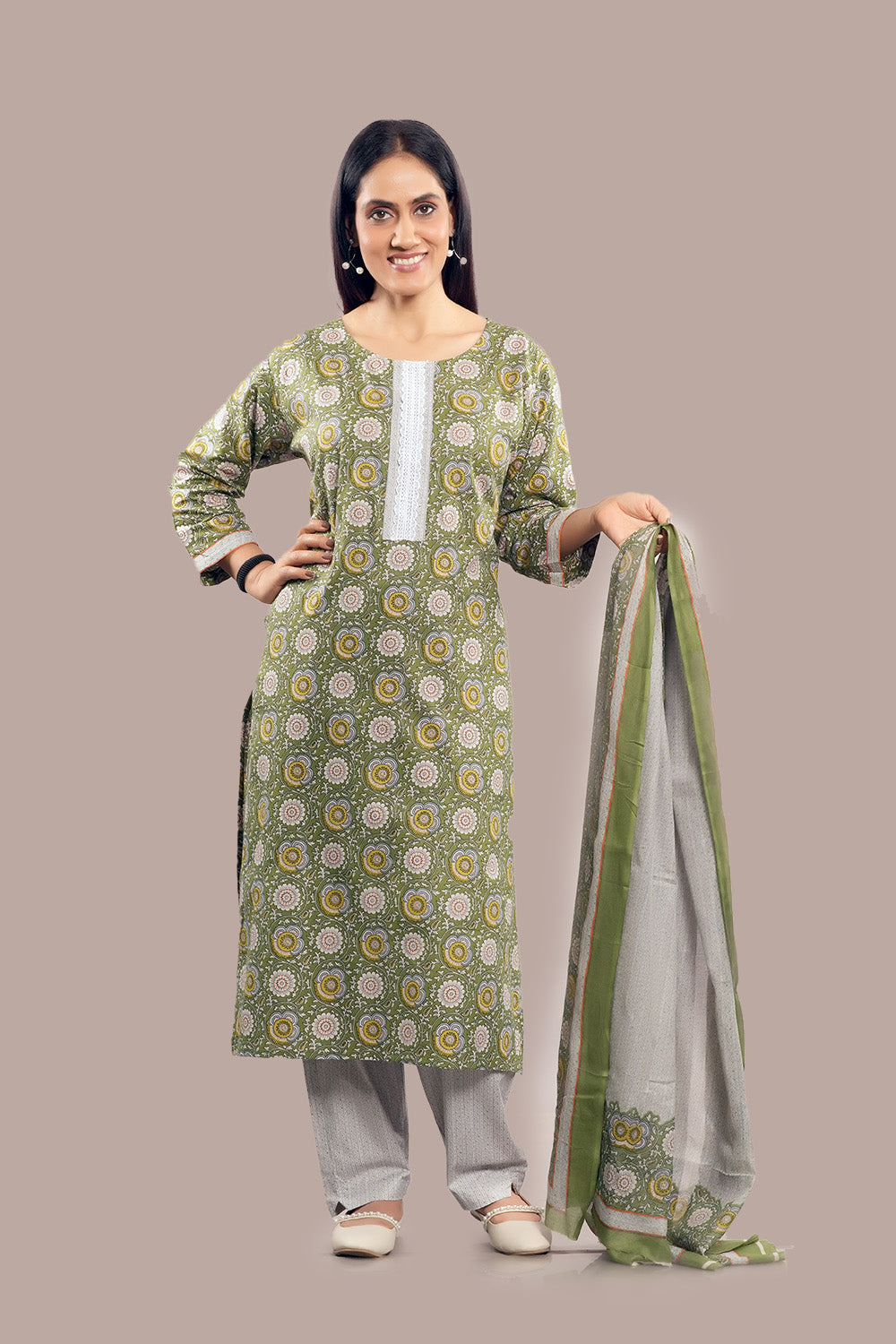 Lace Work Geometrical Floral Printed Salwar Kameez & Dupatta