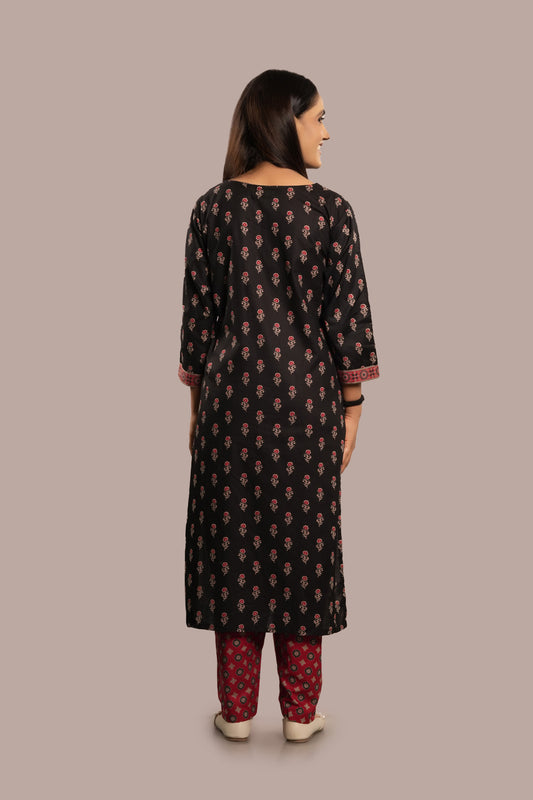 Lace Work Floral Block Printed Salwar Kameez & Dupatta