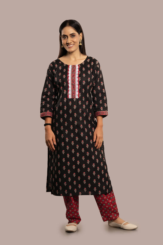 Lace Work Floral Block Printed Salwar Kameez & Dupatta