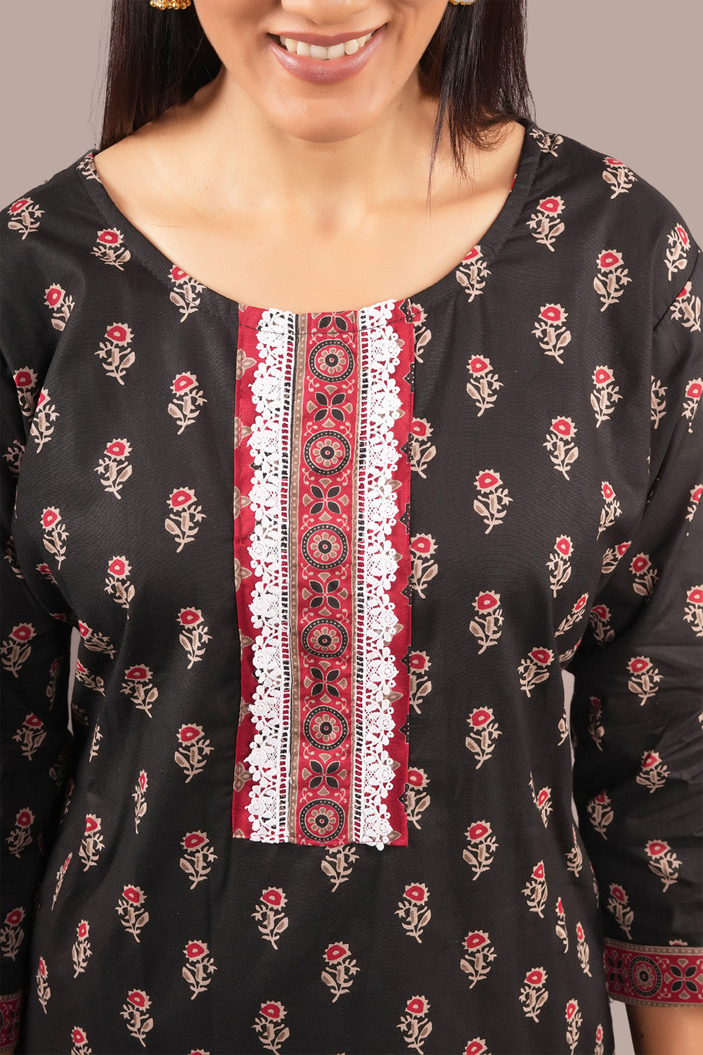 Lace Work Floral Block Printed Salwar Kameez & Dupatta