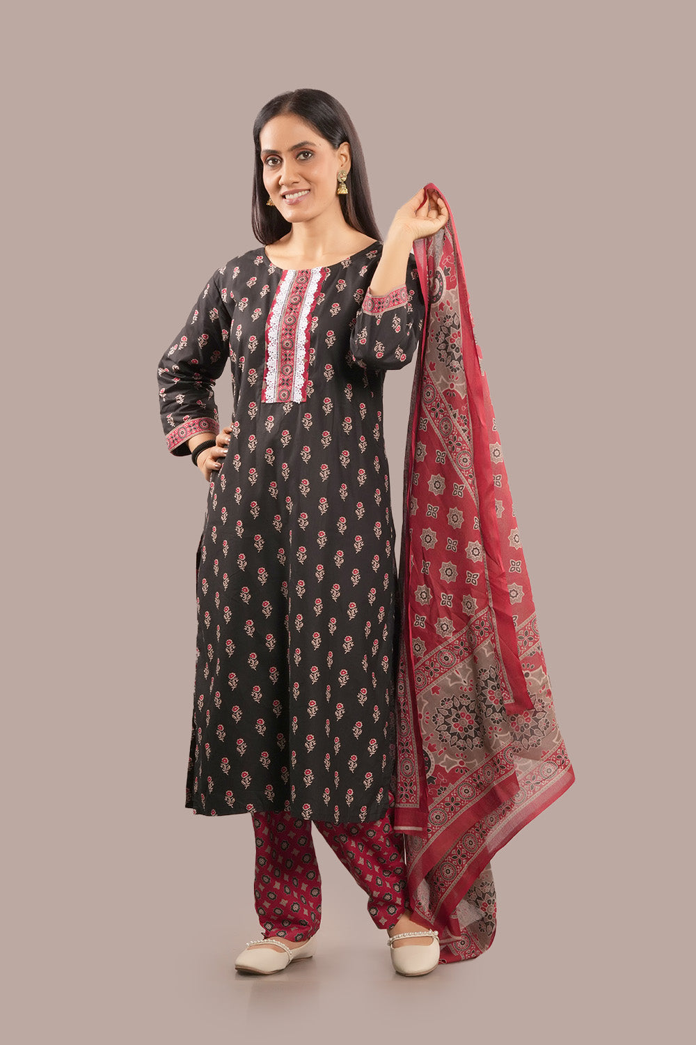 Lace Work Floral Block Printed Salwar Kameez & Dupatta