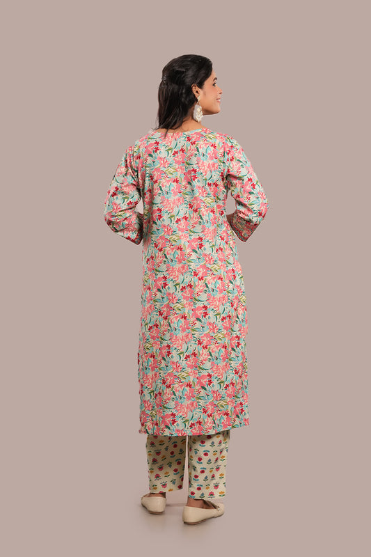 Lace Work Floral Block Printed Salwar Kameez & Dupatta