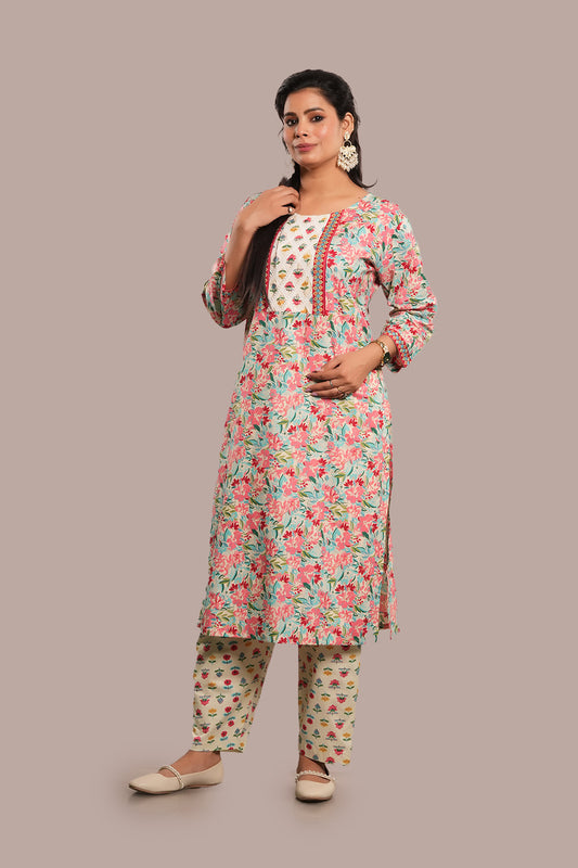 Lace Work Floral Block Printed Salwar Kameez & Dupatta