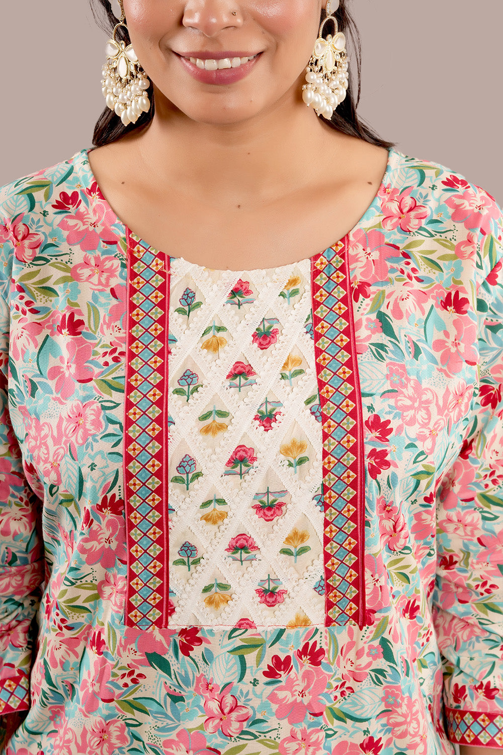 Lace Work Floral Block Printed Salwar Kameez & Dupatta