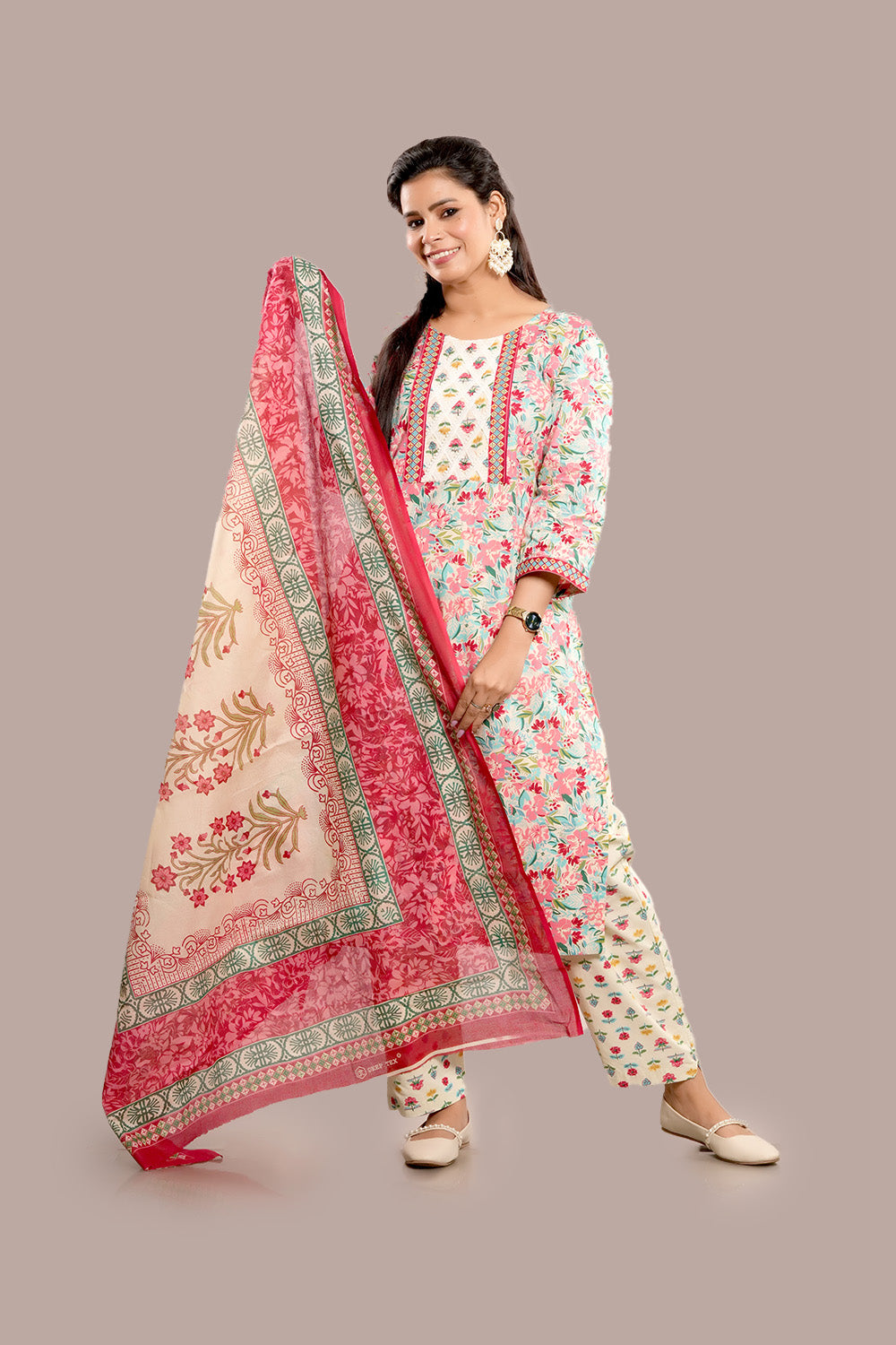 Lace Work Floral Block Printed Salwar Kameez & Dupatta