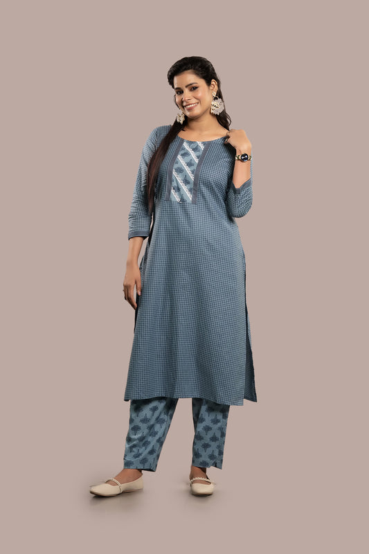 Lace Work Block Printed Salwar Kameez & Dupatta
