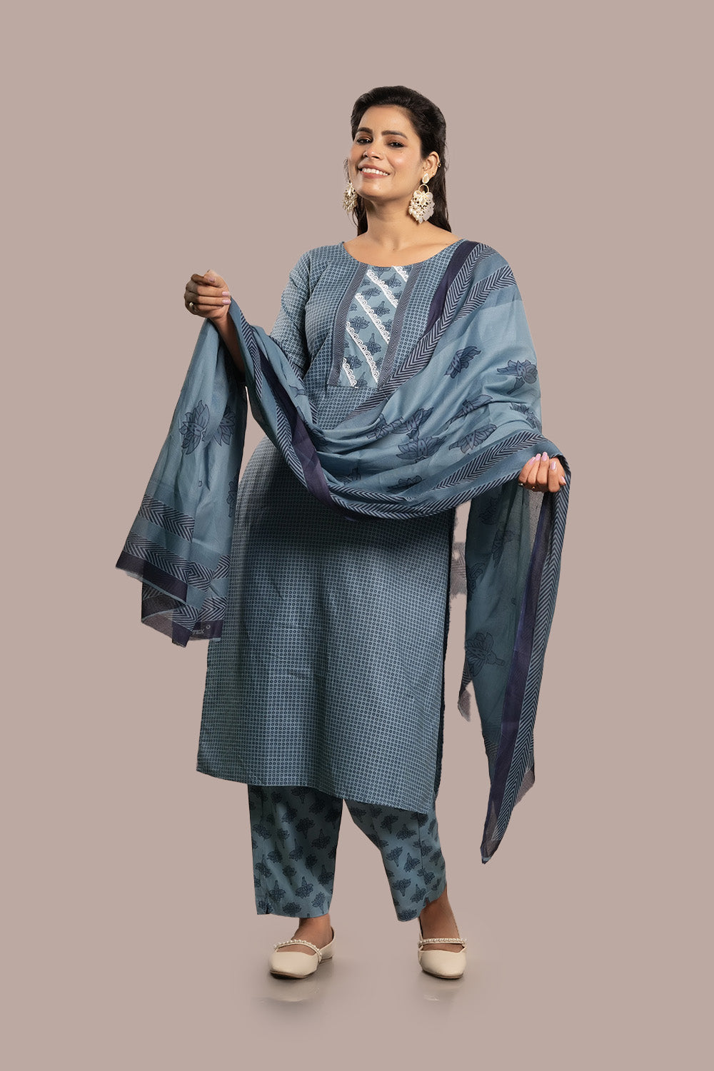 Lace Work Block Printed Salwar Kameez & Dupatta