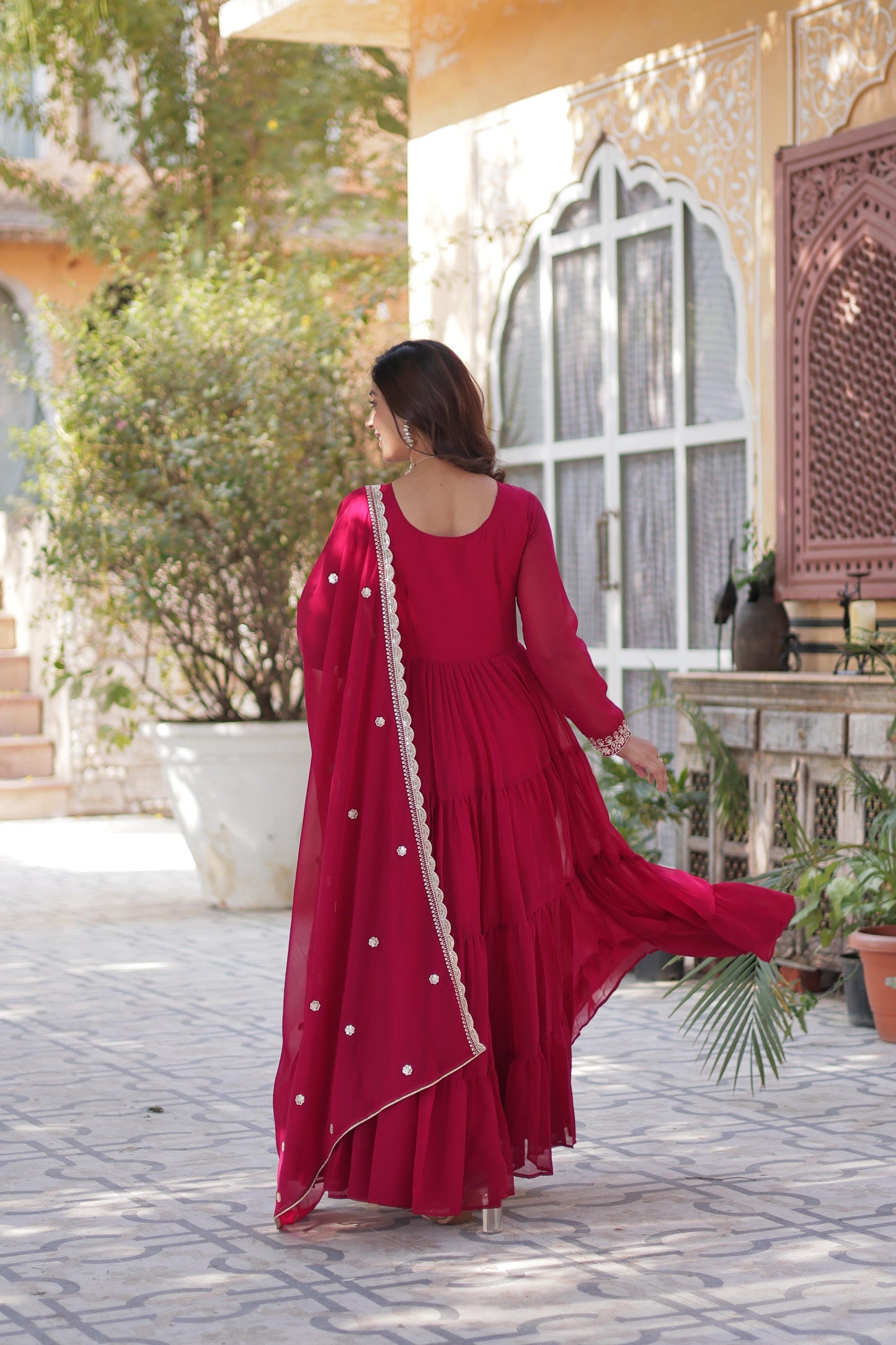 Pearl Embroidered Georgette Party Wear Gown with Dupatta