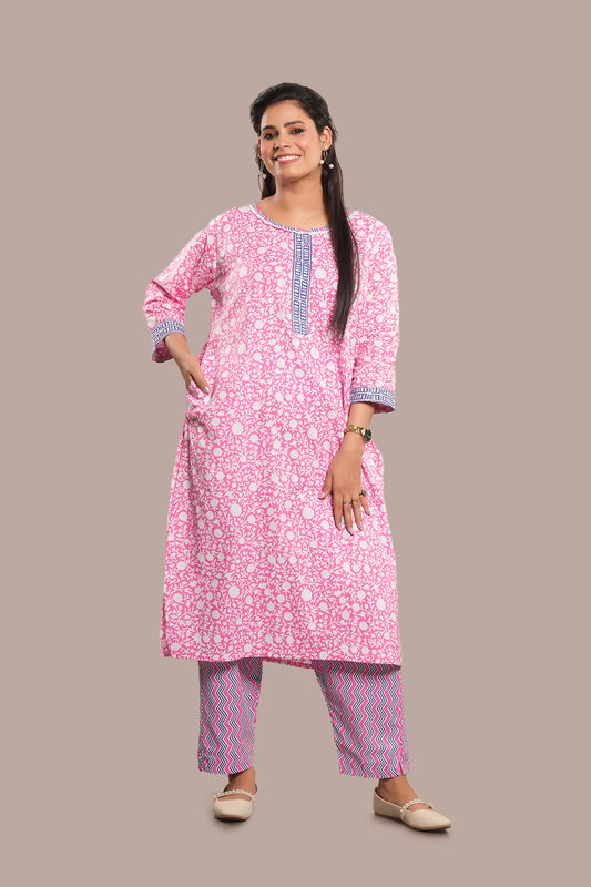 Lace Work Floral Block Printed Salwar Kameez & Dupatta