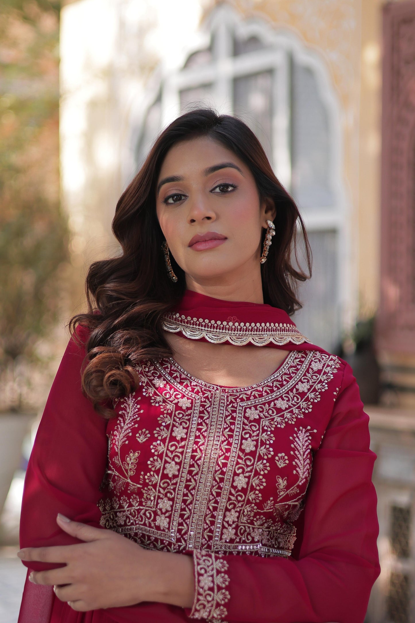 Pearl Embroidered Georgette Party Wear Gown with Dupatta