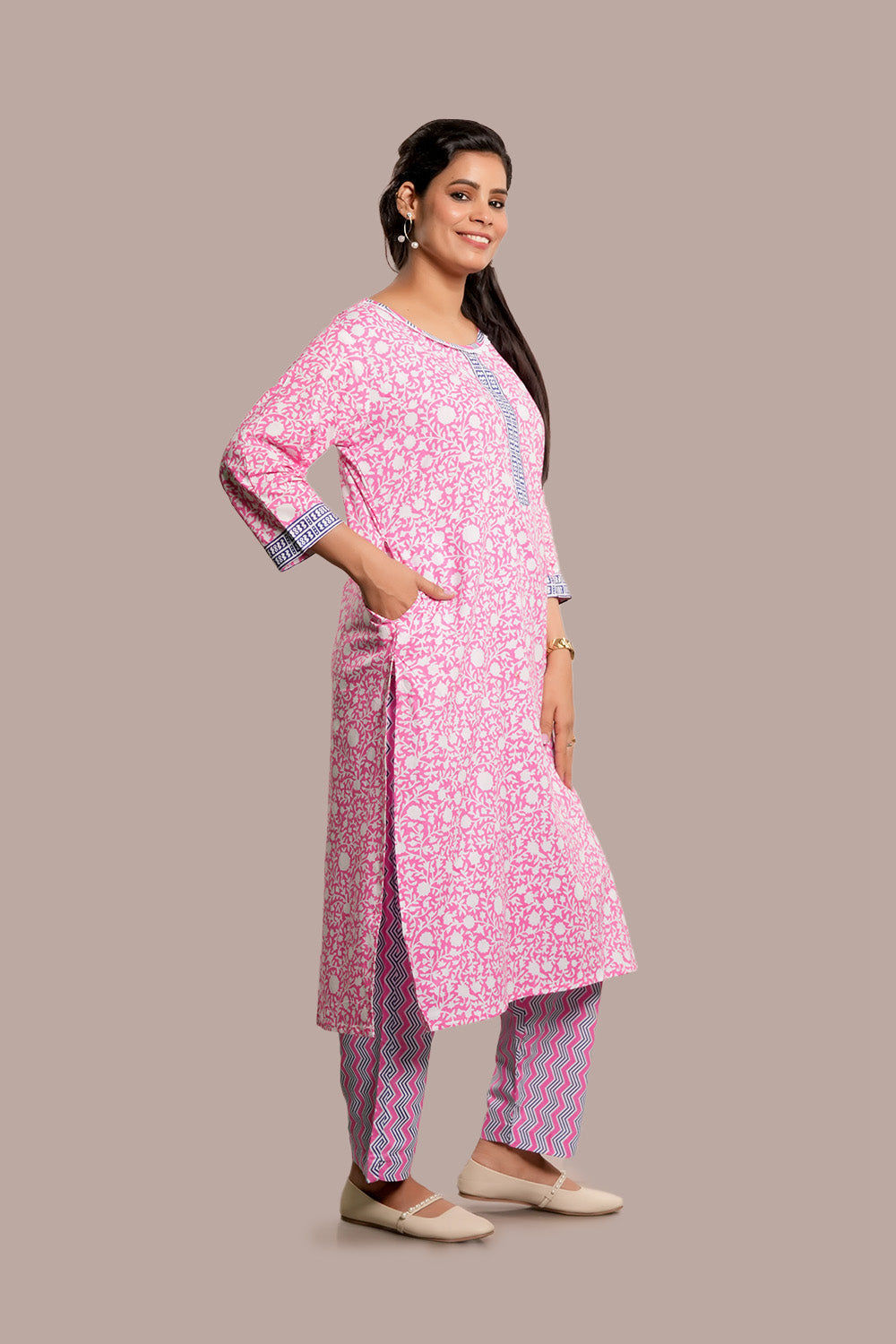 Lace Work Floral Block Printed Salwar Kameez & Dupatta