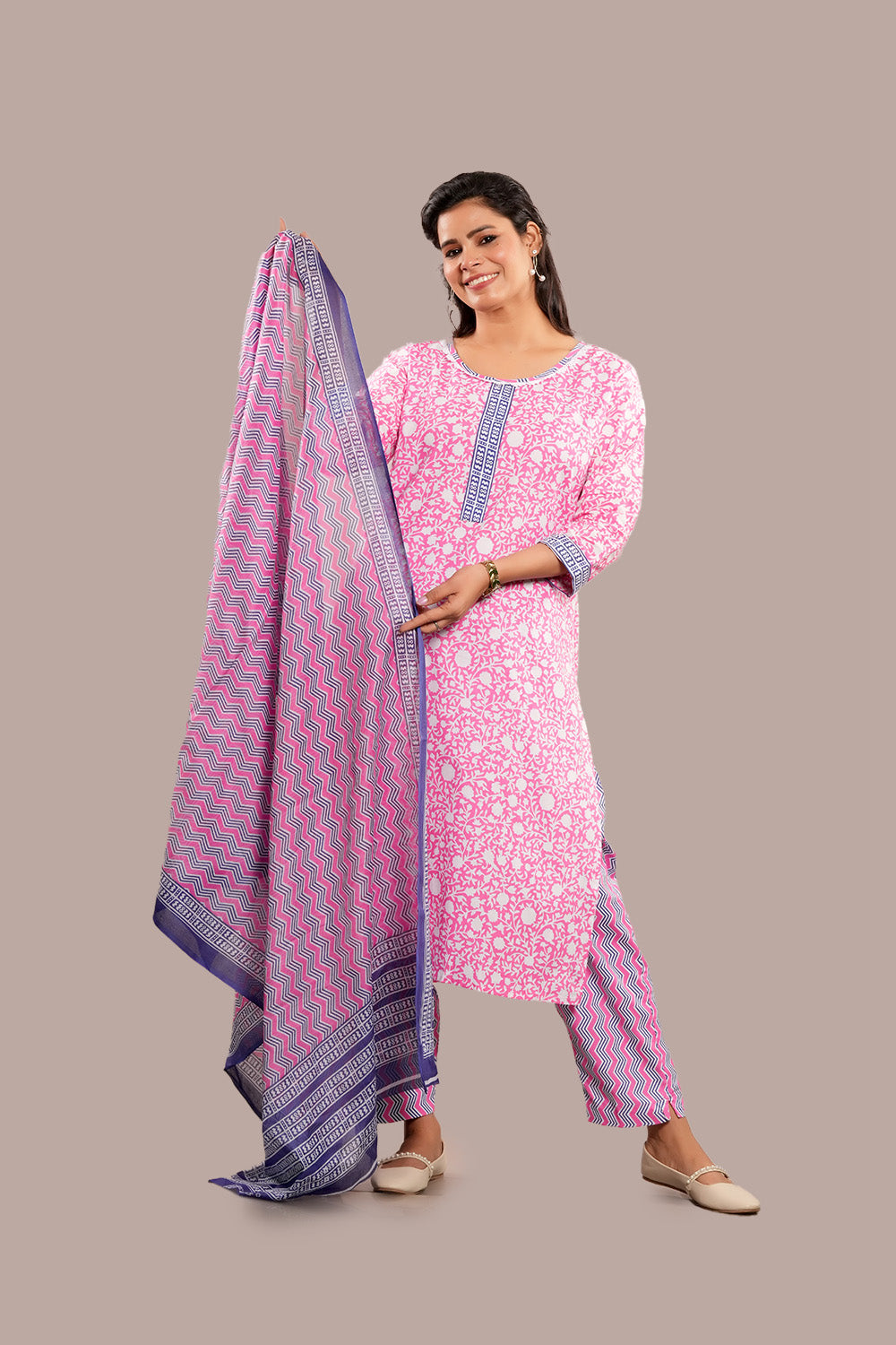 Lace Work Floral Block Printed Salwar Kameez & Dupatta