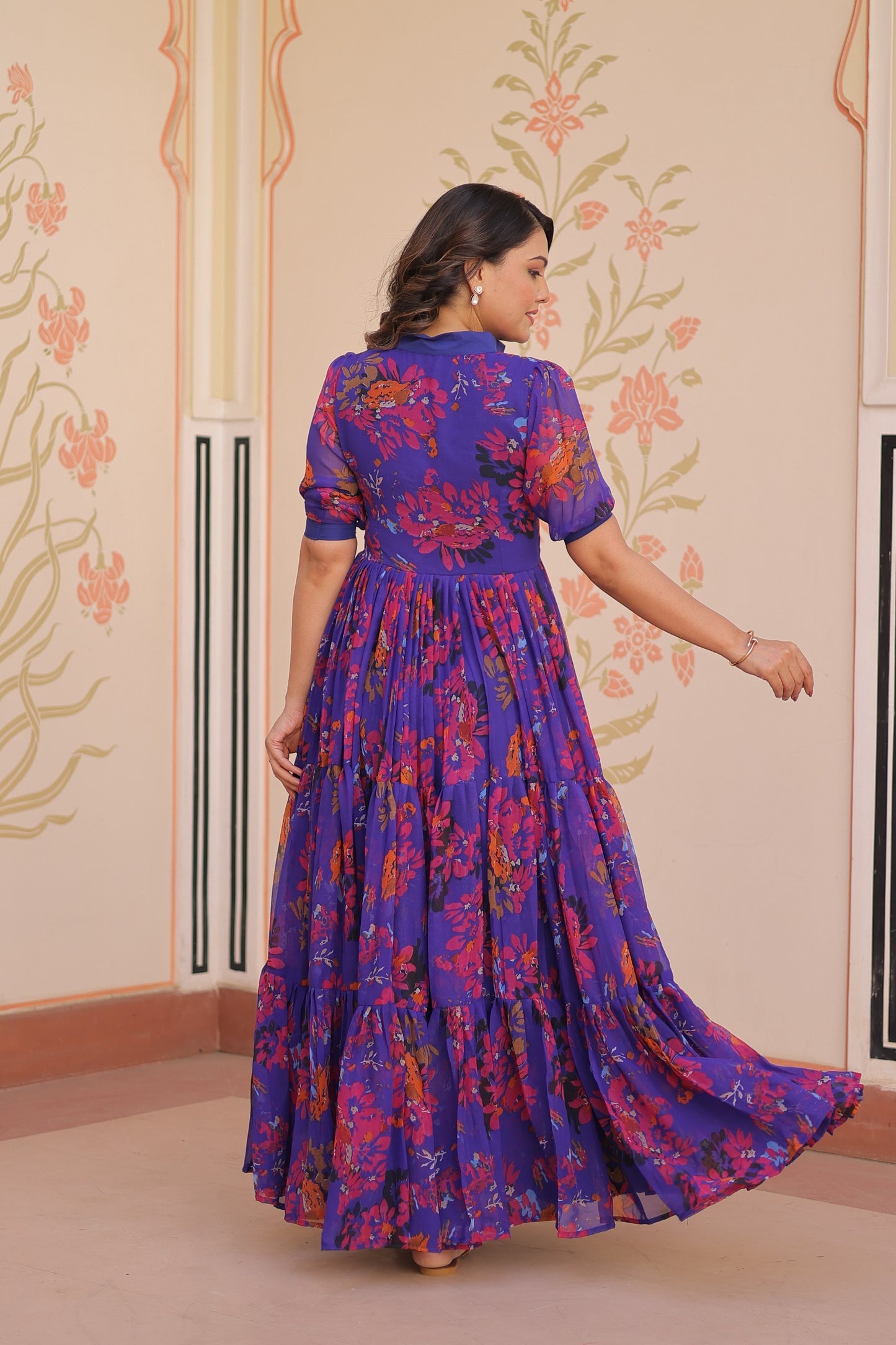 Blue Floral Print Georgette Gown