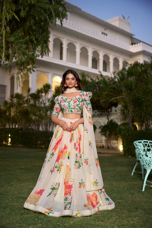 Georgette Floral Printed with Lace Border Stitched Lehenga with Dupatta