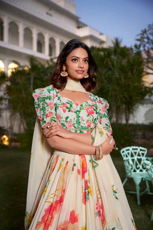 Georgette Floral Printed with Lace Border Stitched Lehenga with Dupatta