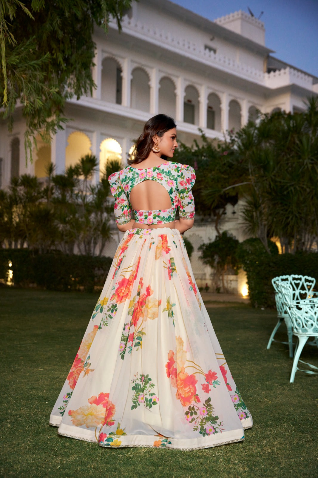 Georgette Floral Printed with Lace Border Stitched Lehenga with Dupatta