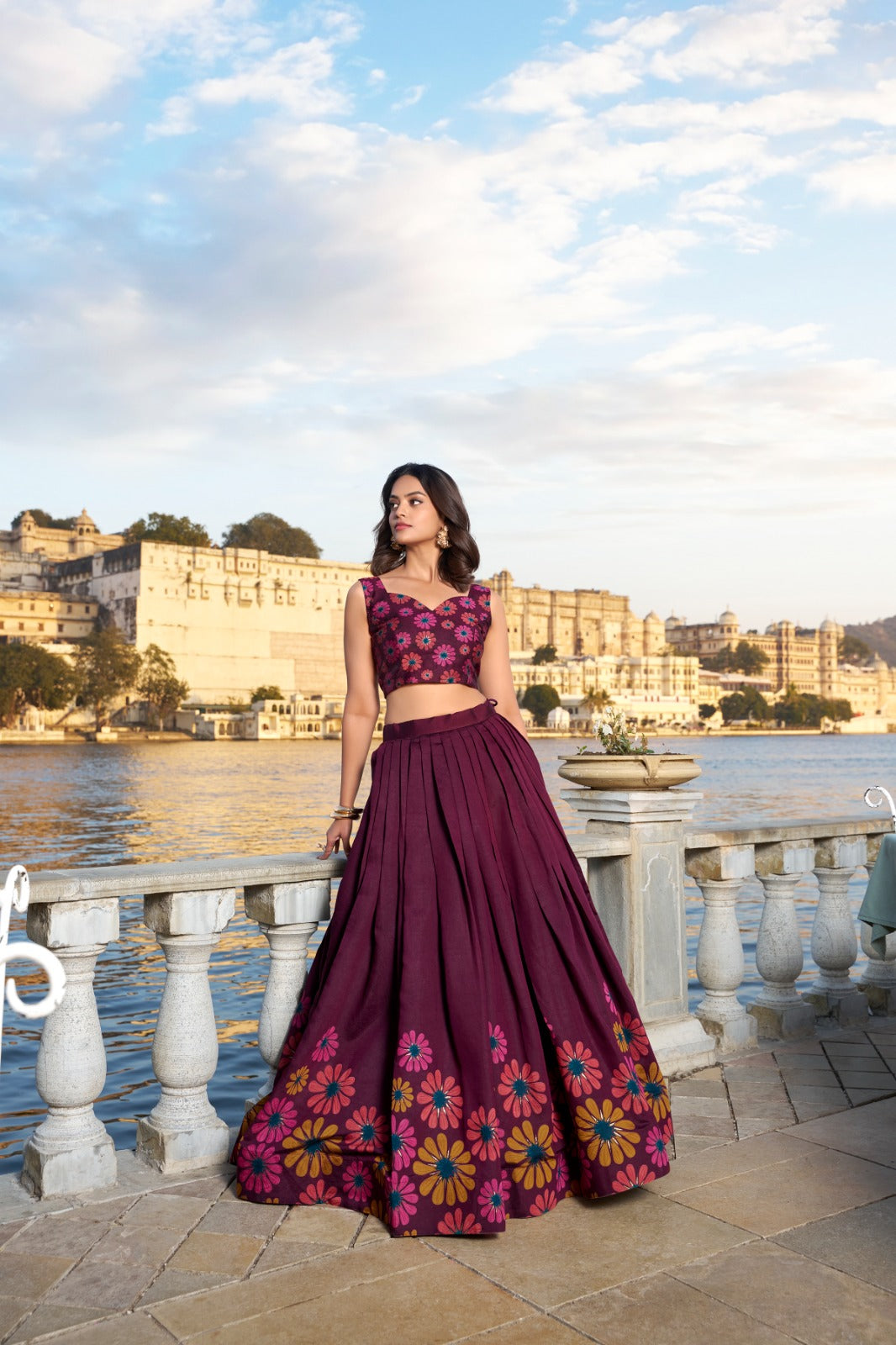 Tussar Silk Floral Printed Foil Work Stitched Lehenga with Dupatta