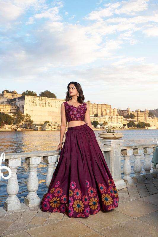 Tussar Silk Floral Printed Foil Work Stitched Lehenga with Dupatta