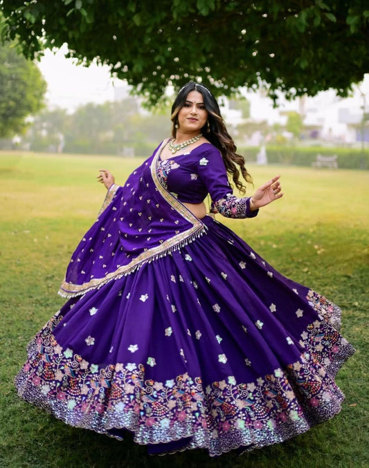 Chion Fabric Sequins & Thread Embroidered Stitched Lehenga with Dupatta