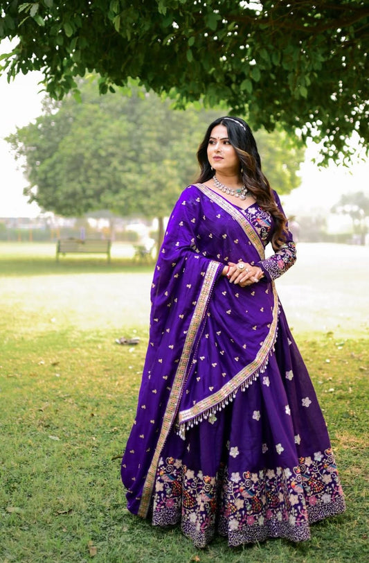 Chion Fabric Sequins & Thread Embroidered Stitched Lehenga with Dupatta