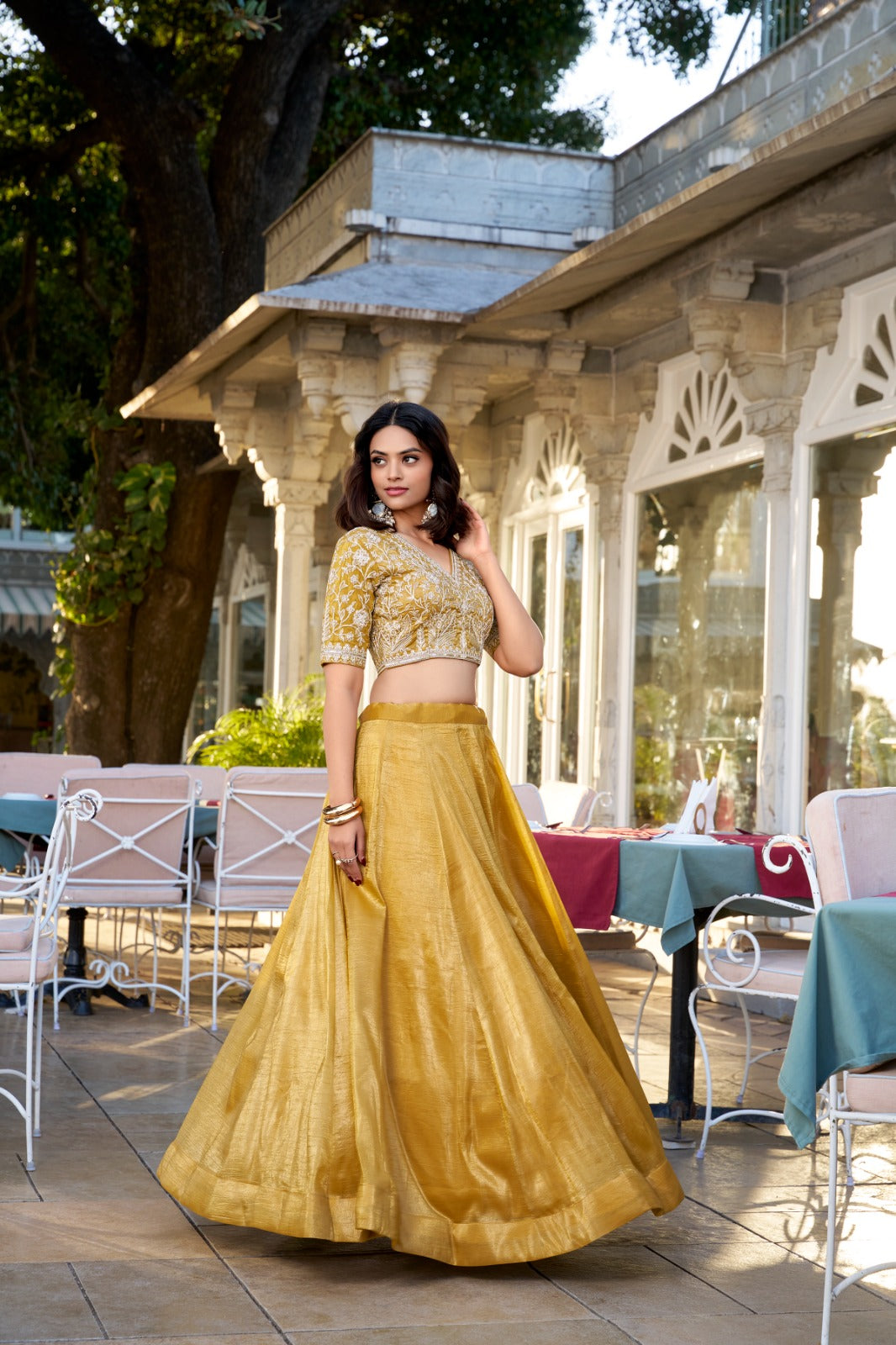 Sequins and Thread Embroidered Goldie Fabric Stitched Lehenga with Dupatta