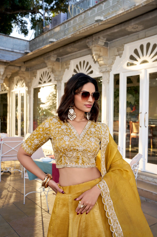Sequins and Thread Embroidered Goldie Fabric Stitched Lehenga with Dupatta