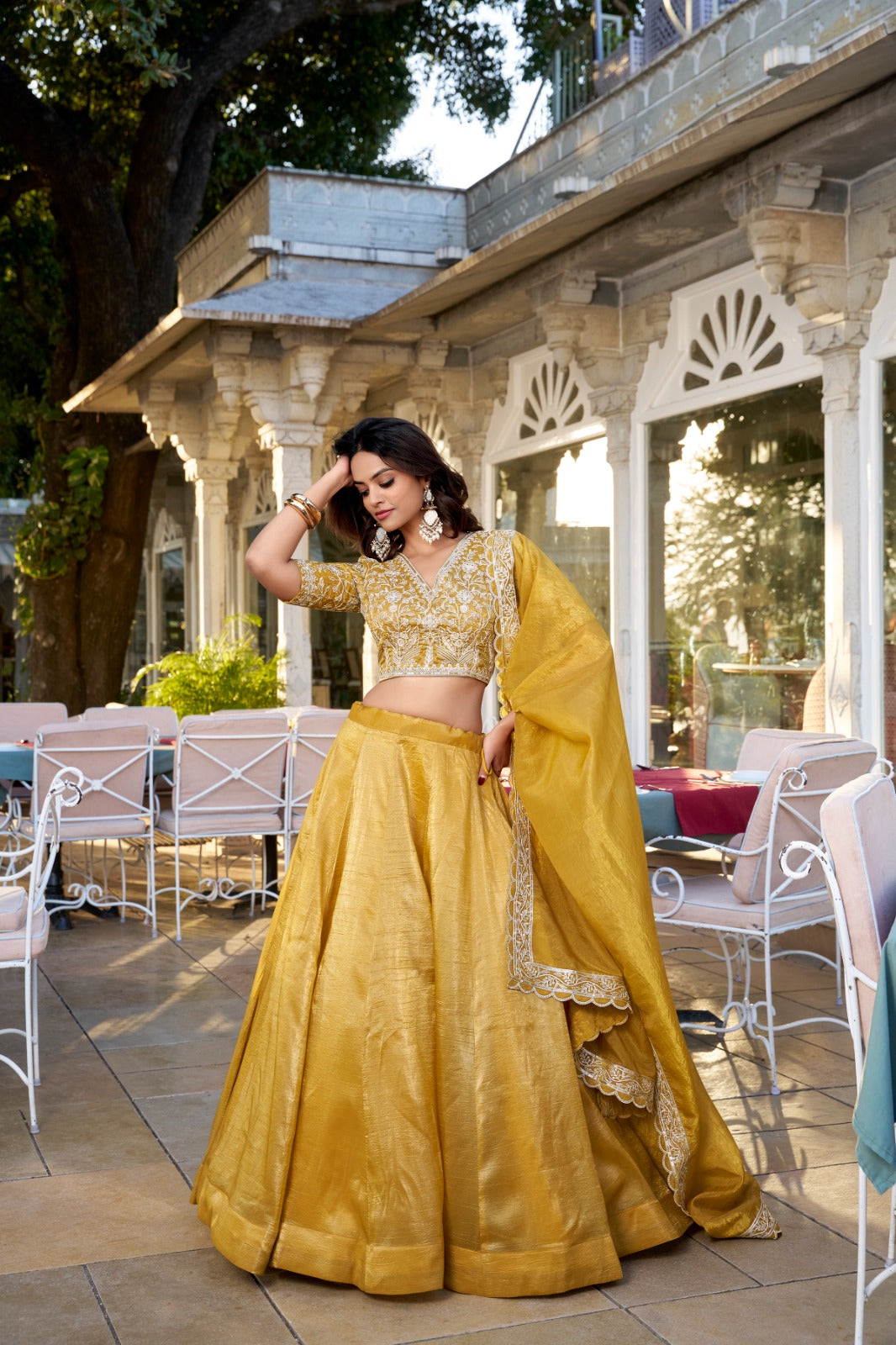 Sequins and Thread Embroidered Goldie Fabric Stitched Lehenga with Dupatta