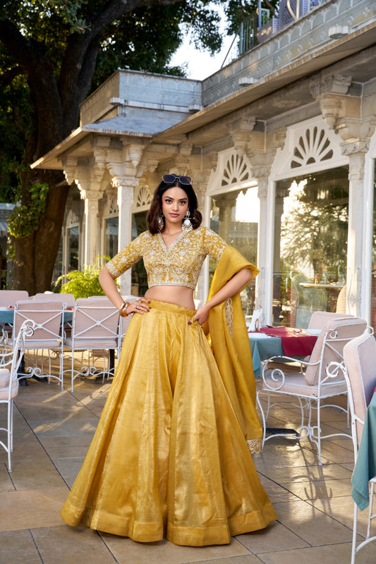 Sequins and Thread Embroidered Goldie Fabric Stitched Lehenga with Dupatta
