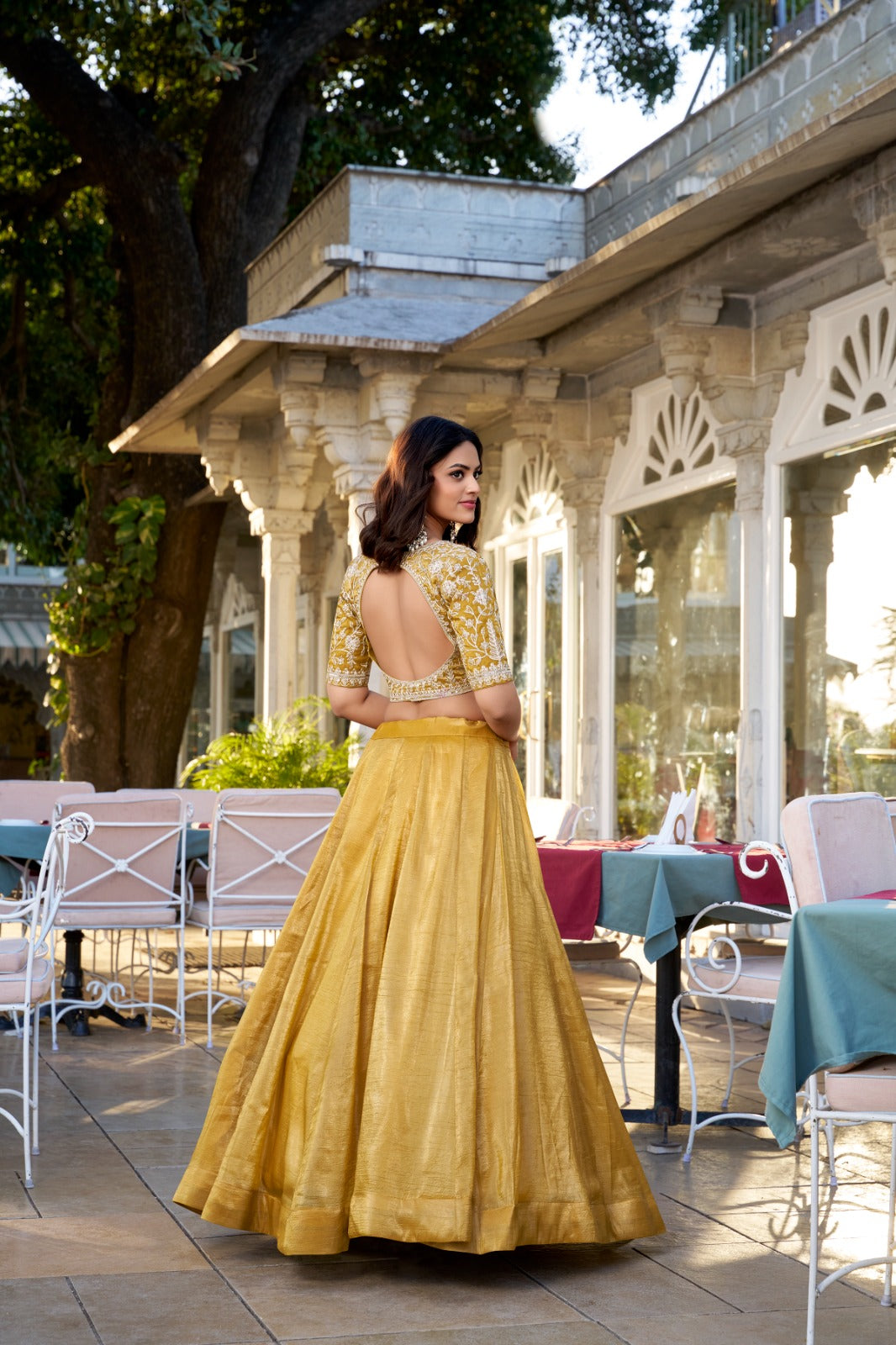 Sequins and Thread Embroidered Goldie Fabric Stitched Lehenga with Dupatta